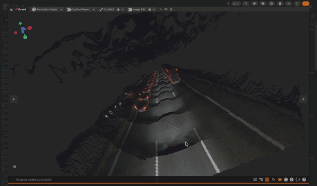 The threed slice in the FiftyOne 3D viewer, a VGGT-Omega point cloud reconstructed from the monocular front video, not sensor-measured LiDAR.