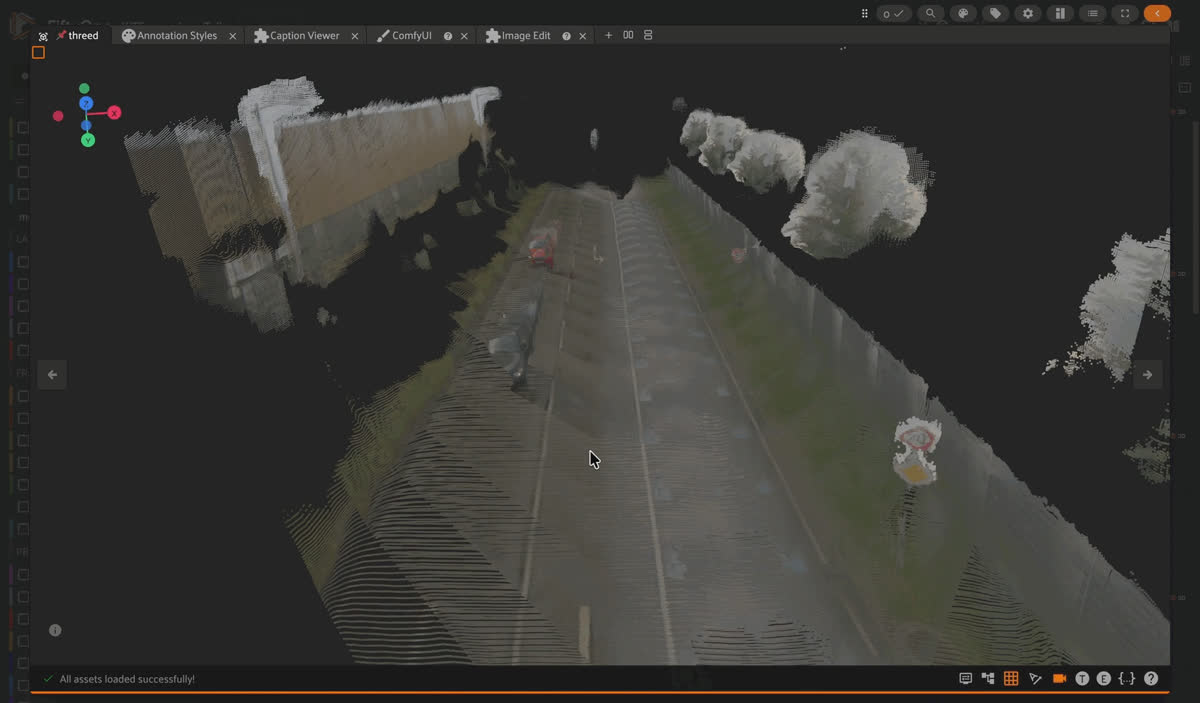 The threed slice in the FiftyOne 3D viewer, a VGGT-Omega point cloud reconstructed from the monocular front video, not sensor-measured LiDAR.