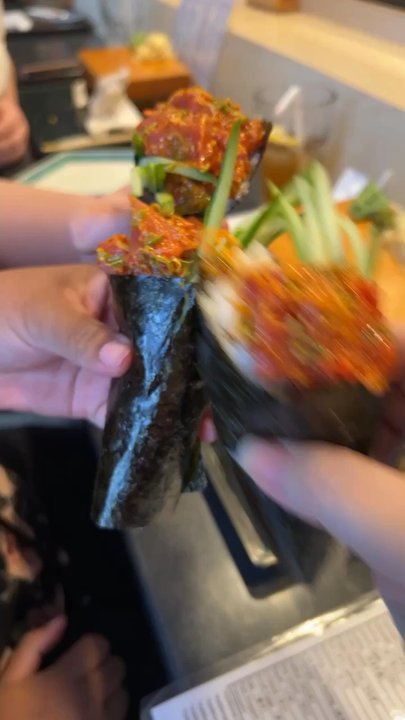 Matsuri - Spicy Tuna hand roll with a cheers! - Sushi Bars Near Me - Pasadena, California