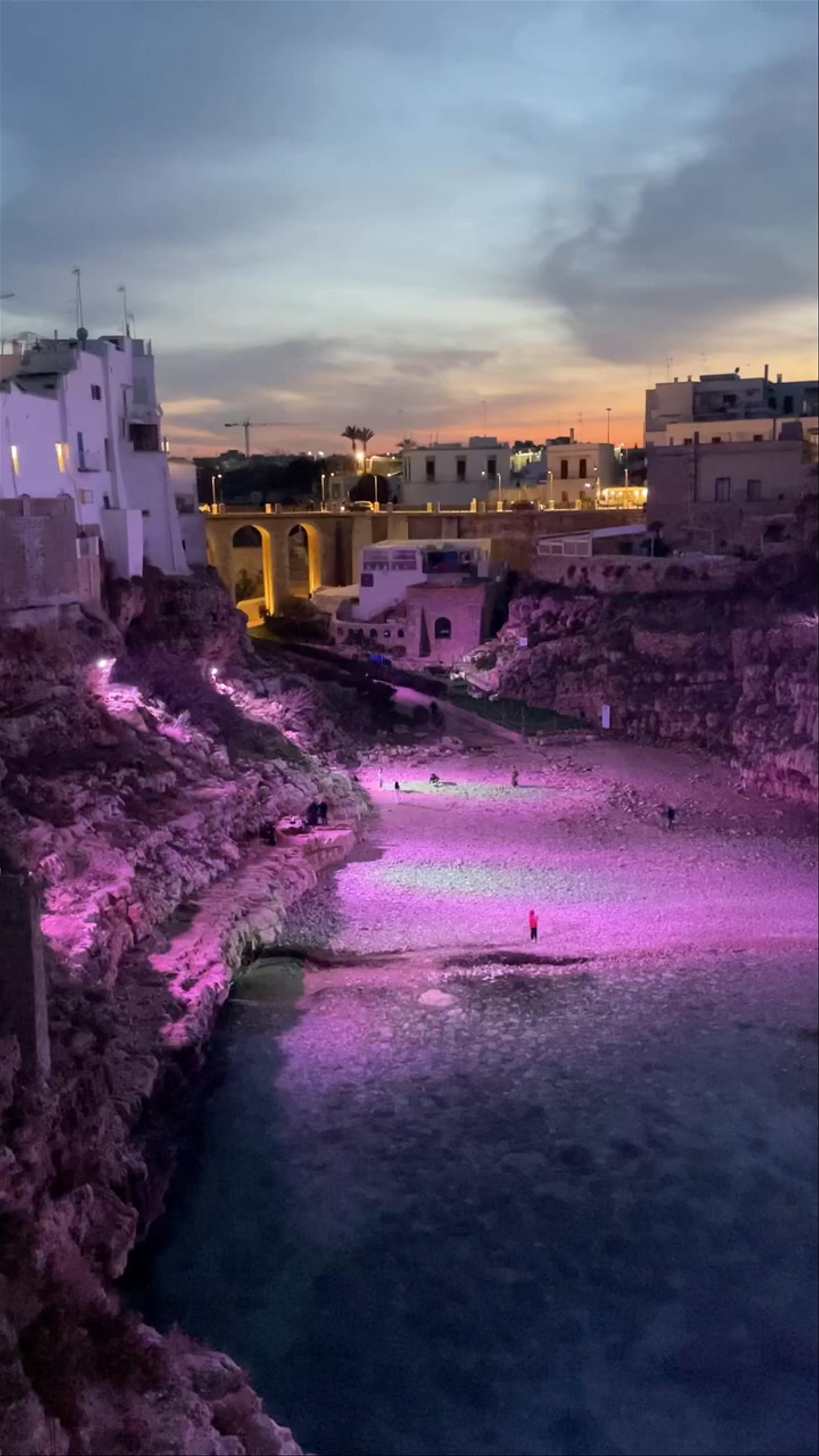 Enchanting Twilight at Polignano a Mare Beach with Magical Purple Glow