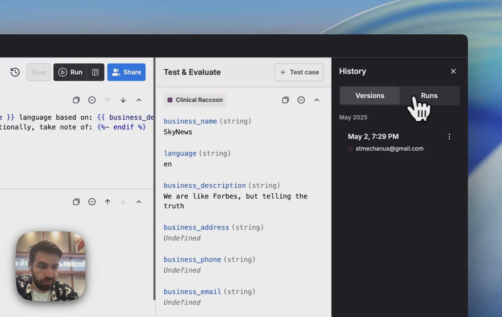 Prompt versioning and run history