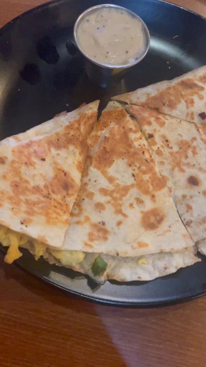 Pucker Up Vegan Eatery - Sausage quesadilla, blueberry pancakes and eggs Benedict - Vegan Near Me - Cocoa, Florida