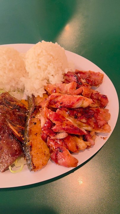 Ladybug Café - Teriyaki Mix Plate ($25) - Kalbi Short Rib, Salmon Teriyaki, & Chicken Teriyaki, and Hawaiian Sun POG ($3.75)  03-15-2026 - Japanese Near Me - Gardena, California