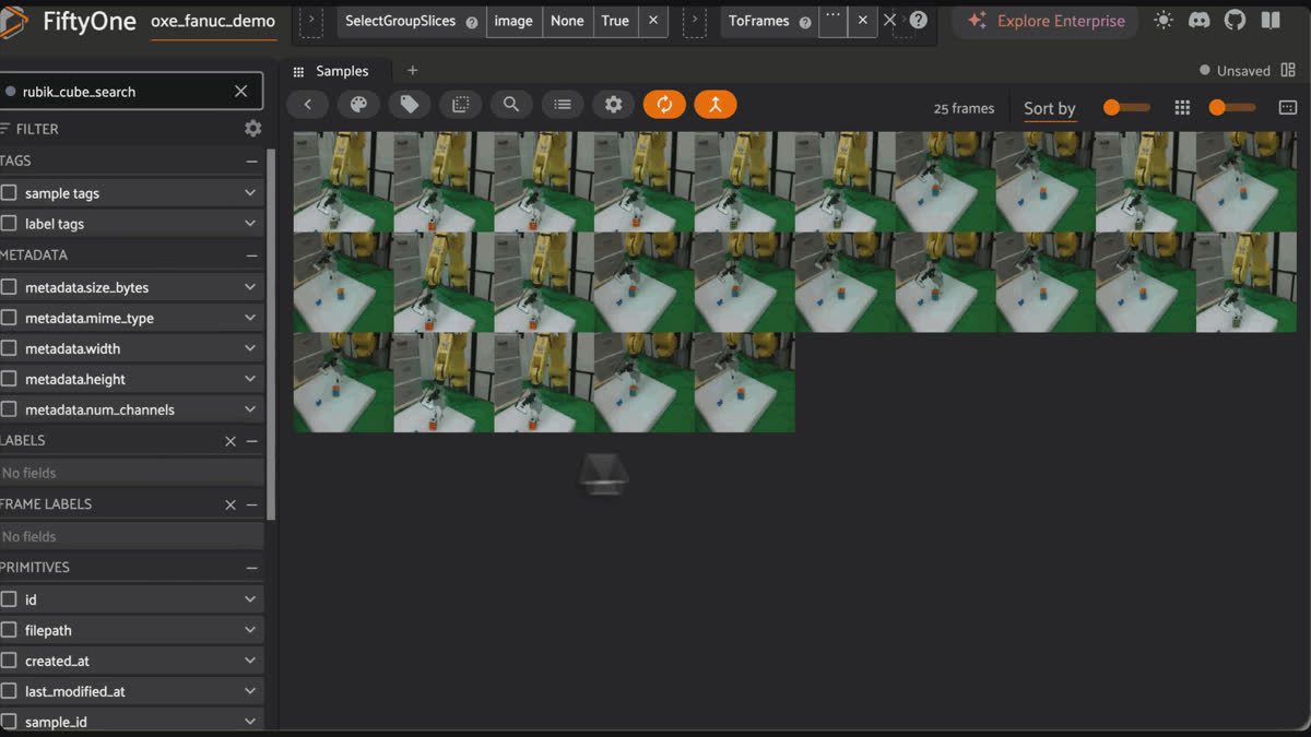 FiftyOne saved views panel listing task filters and language-driven searches such as cube_search, laptop_search, and rubik_cube_search alongside the Open X-Embodiment sample grid.