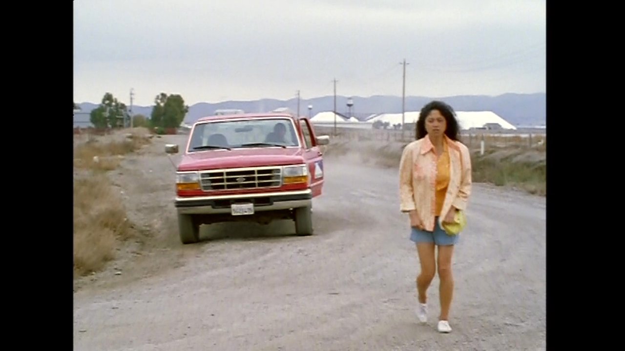 A man in a truck watches a woman walking along a rural dirt road. He exits the vehicle and approaches her as she continues moving forward.