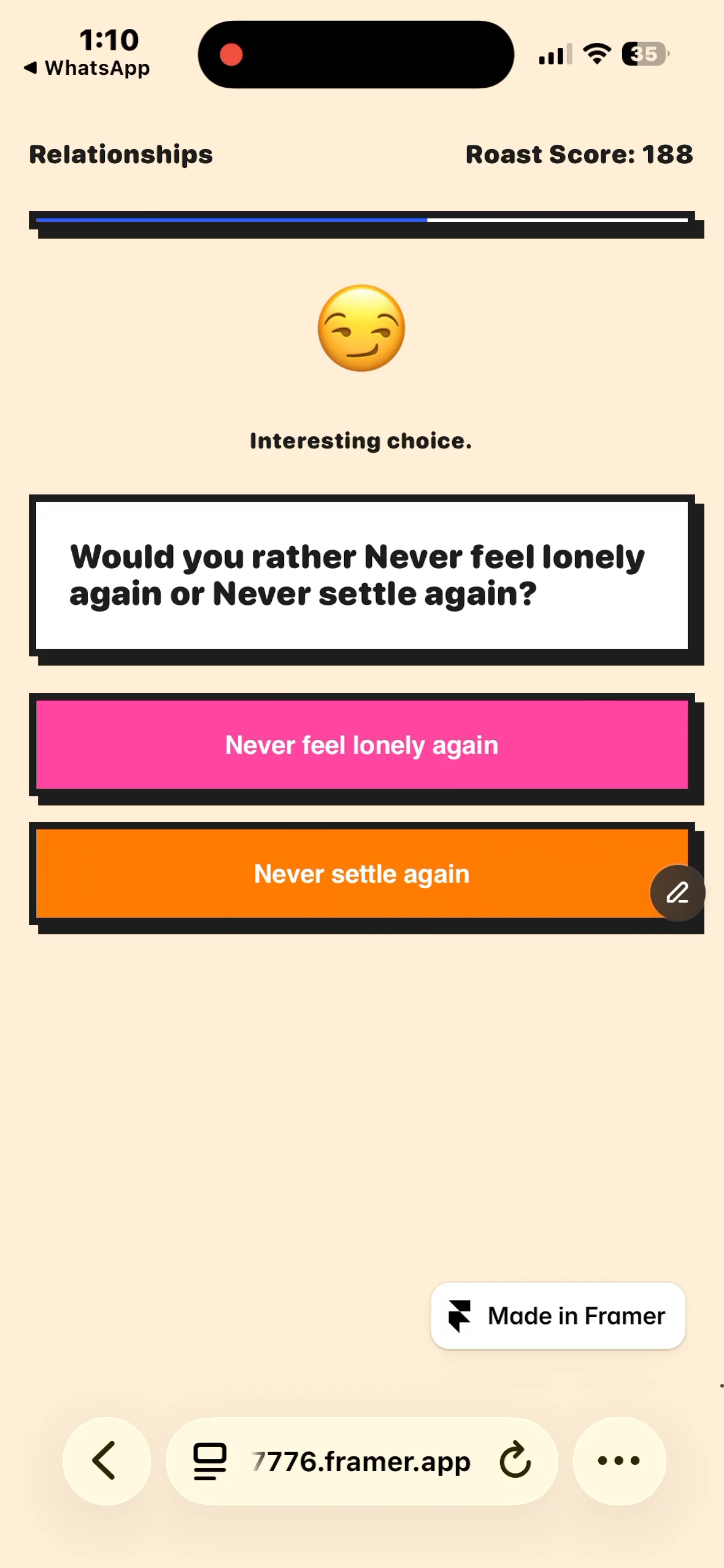 Thought I was making a funny game. Turns out I accidentally built a machine that exposes people. 💀Try it here - https://professional-report-707776.framer.appVote it here - https://www.framer.com/community/contests/agents-hackathon/submissions/6DPNQbxKVu3BF3ncpXt1AF/