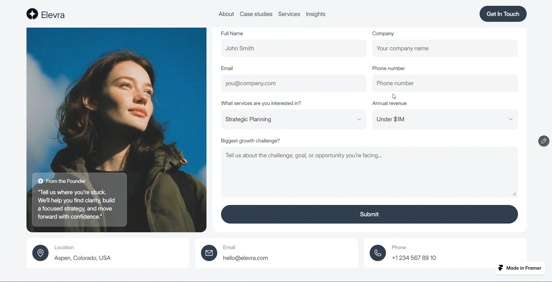 The contact page from Elevra ✦Keeping it clean, focused, and business-first — making it easy for potential clients to take the next step.The template is finally getting close to complete 👀 What do you think of this one?Built in Framer.
