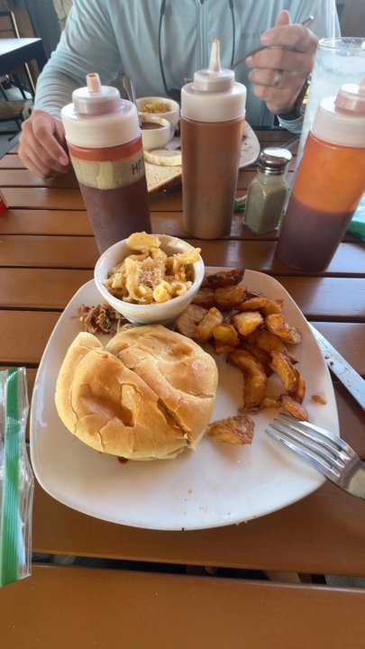 Naaman's BBQ - Pulled pork sandwich and Mac and cheese and fries - Barbeque Near Me - Texarkana, Texas