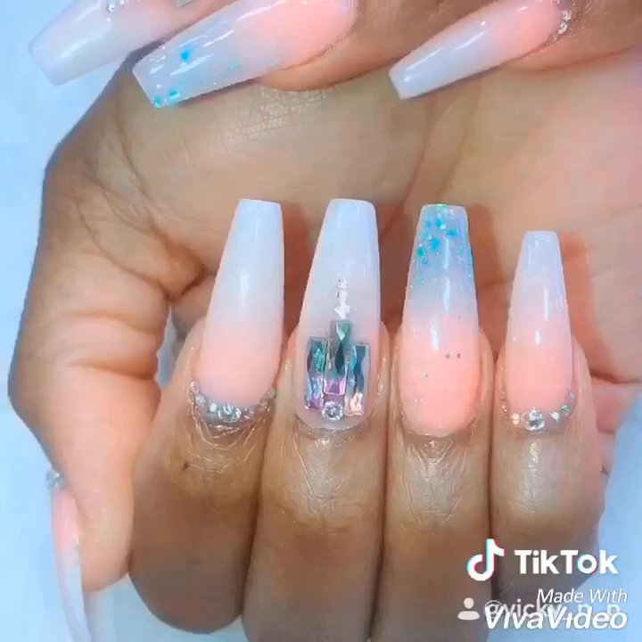Mod Nailspa - Mod nail spa "Acrylic Ombré Pink & White Full Set With Rhinestones Design" - Nail Salons Near Me - Manhattan Beach, California