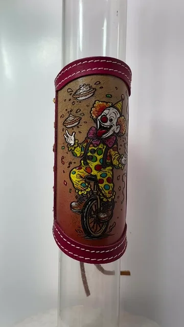 Preview pic of Hand-Painted Leather RipGrip | 12–15” Glass Water Pipe Sleeve | Leather Grip Cover-Juggling Clown