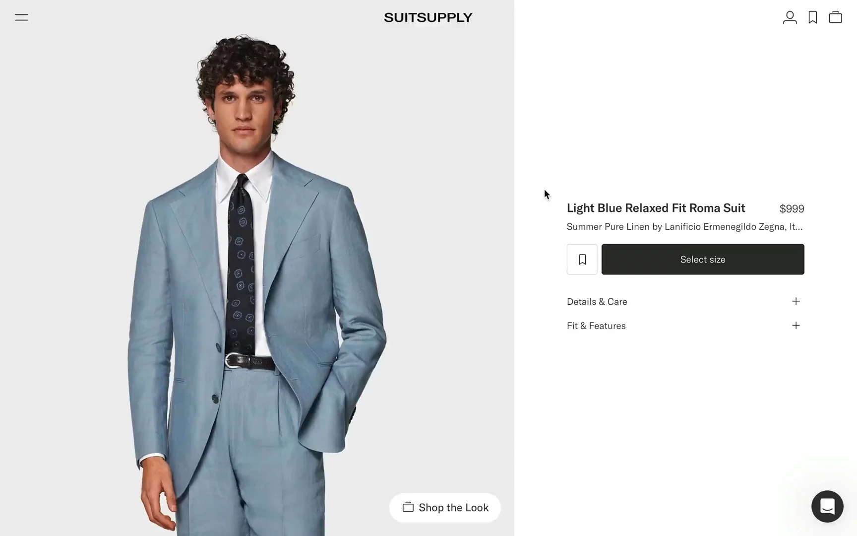 Suit Supply product detail page with shop the look functionality