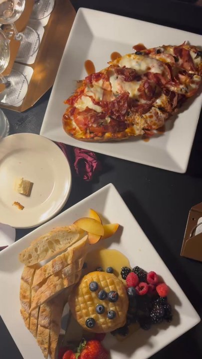 Karma Vineyards - Baked Brie, flatbread, caprese, bruschetta, and salad! Everything was delicious! - Wineries Near Me - Chelan, Washington