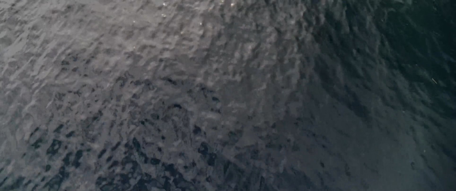 A surfer navigates through an underwater kelp forest before surfacing through a breaking ocean wave. The sequence contrasts the calm, darkened depths of the reef with the bright, turbulent environment at the ocean surface.