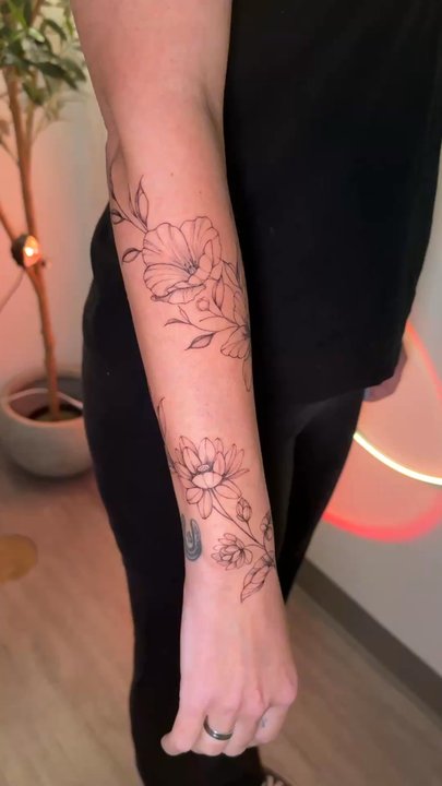 The Tattoo Gemologist - Fine line floral arm wrap - Tattoo Near Me - Jurupa Valley, California