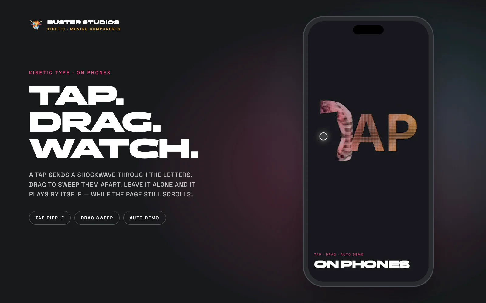 Kinetic Type is out: four 3D typefaces in one Framer component.Type any word and it becomes thousands of tiny 3D pieces that scatter around your cursor. Prisms, Shards, Cubes and Needles, each with its own gradient, or flip it to Spectrum.Built for phones too: tap for a shockwave, drag to sweep the letters, and when nobody's touching it, it plays by itself. The page still scrolls.Made by Buster Studios · Kinetic, moving components. $3 for all four, or $1 each. Try it live and grab it here:https://sociable-heptagon-139123.framer.app