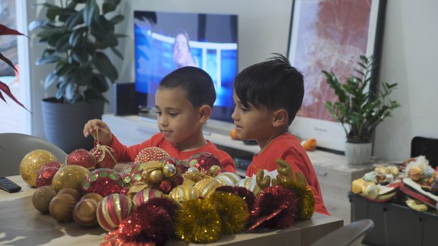 Children looking at Christmas decorations