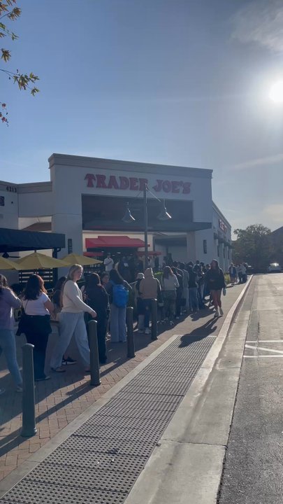 Trader Joe's - Line for the mini pastel tote bags on 4/8/25 at 8:19AM - Grocery Near Me - Irvine, California