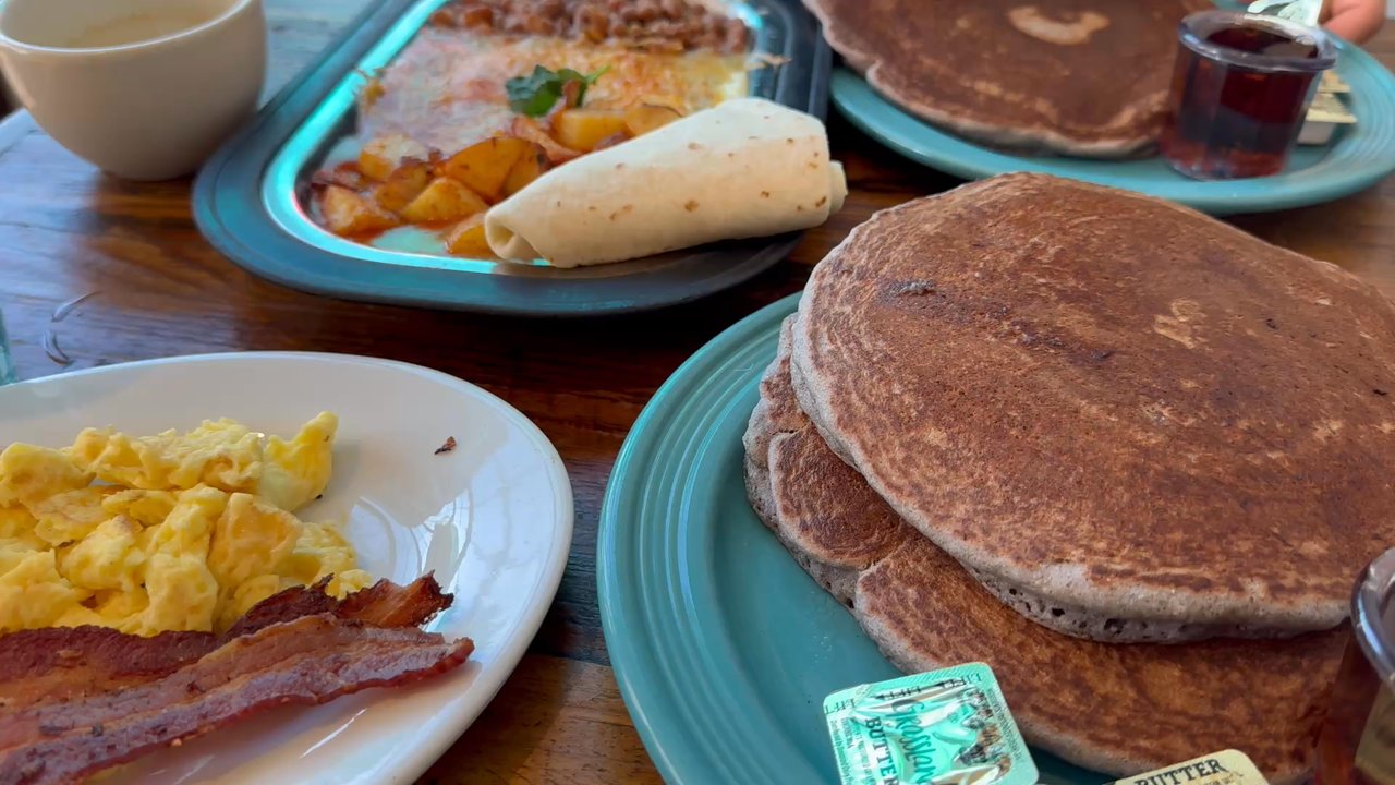 The Pantry Rio - We really liked the Blue-Corn Pancakes! Great texture, nice and fluffy, and really good with eggs and bacon on the side! - New Mexican Cuisine Near Me - Santa Fe, New Mexico