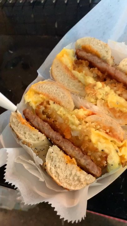 Greenberg’s Bagels - sausage, egg, cheese, hash (hot sauce, syrup)   tastes just as good as it looks - Bagels Near Me - Brooklyn, New York