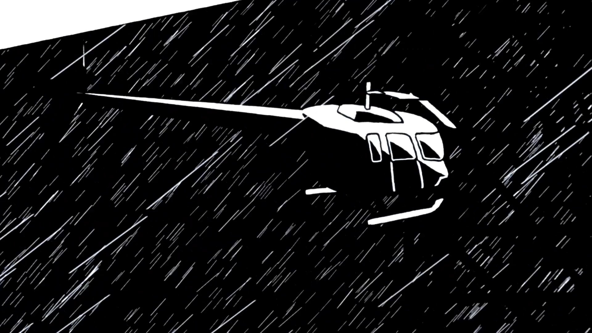 Two individuals engage in a tense, intimate interaction within a kitchen setting, which is punctuated by an animated sequence depicting a helicopter crashing during a storm.