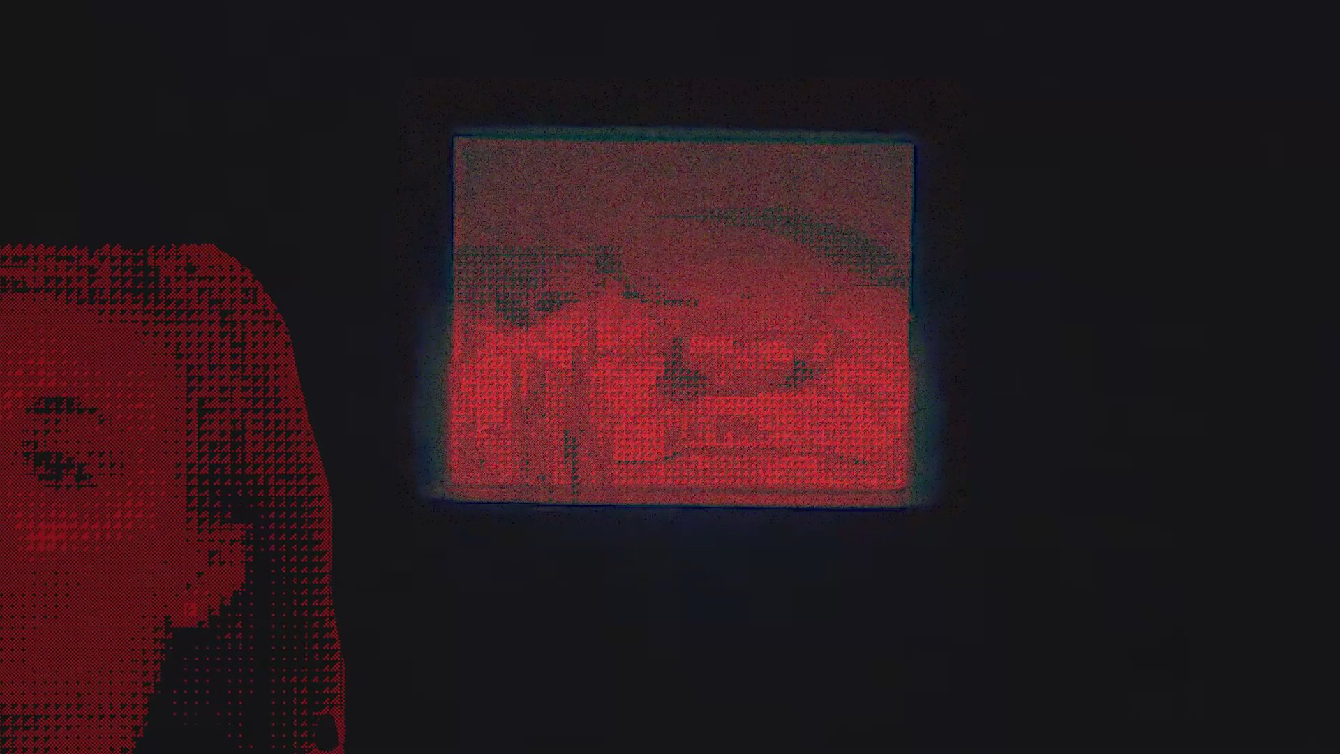 A digital interface displays a woman's face and low-resolution footage of an industrial landscape through a distinct red filter. The sequence suggests a surveillance or monitoring system capturing real-time imagery.