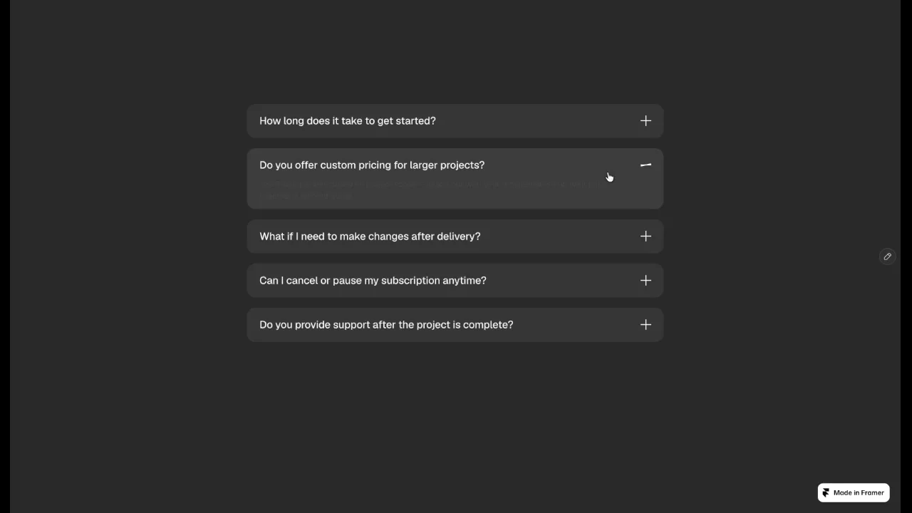 Free FAQ Accordion Component — Smooth &amp; Fully Customizable ⚡️Just dropped my first interactive component on the Framer Marketplace!I built this FAQ Accordion to make adding Q&amp;A sections effortless, smooth, and responsive across all devices.Key Features:📐 Auto Layout &amp; Responsive: Works seamlessly on Desktop, Tablet, and Mobile.🎨 Fully Customizable: Easily adjust colors, typography, paddings, and directly in the properties panel.⚡️ Smooth Animations: Clean accordion expand/collapse transitions out of the box.Feel free to copy it into your projects or remixes!🔗 Live Preview: https://smooth-faq-accordion.framer.website/Would love to hear your feedback or thoughts on what component I should build next! 👇#Components, #Free, #UI