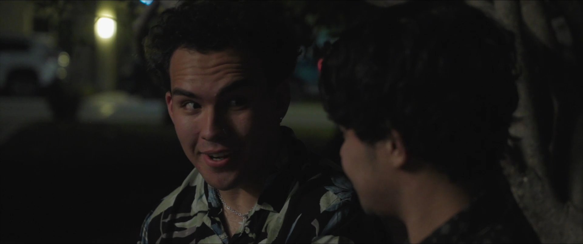 Two young men engage in an animated conversation while outdoors at night, maintaining eye contact and expressive communication.