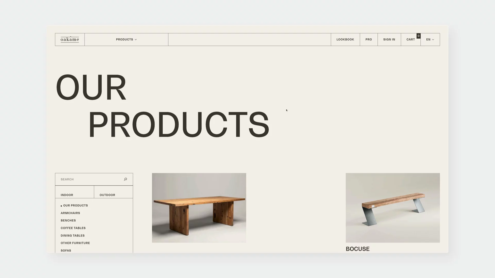 Product cards from the Oakâme furniture website showing hover microinteractions for wooden coffee tables. As users hover over the Bonaparte card, a 'Discover' button appears and the product image subtly elevates, drawing attention to pricing and category. Minimalist UI with clean grid layout enhances intuitive browsing and tactile feedback.