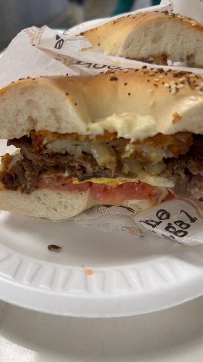 The Bagel Nook - Everything bagel w/ Steak, Egg, tomato, hash brown, provolone cheese and mayo  Blueberry Blueberry Crumb Overload - Breakfast & Brunch Near Me - Princeton, New Jersey