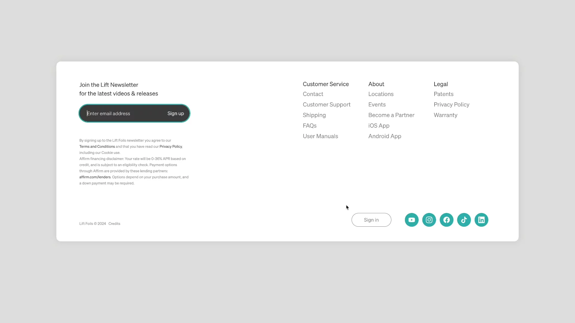 A video showing how footer that complies with WCAG rules works on Lift Foils website. User can access the footer using keyboard. 