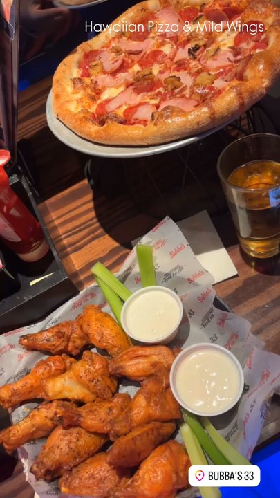Bubba's 33 - Hawaiian Pizza with Bubba's Famous Traditional Wings (Mild) - Sports Bars Near Me - Goodyear, Arizona