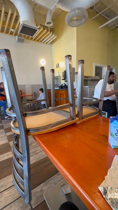 Burger Hut - ambiance (chairs up, no a/c, but clean and large establishment) - Indian Near Me - Bellevue, Washington