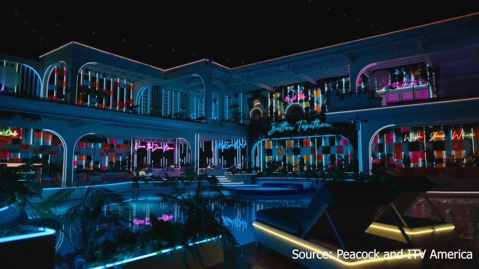 A couple engages in an intimate conversation in a bedroom setting before the scene transitions to an aerial and interior view of the illuminated reality television villa at night.