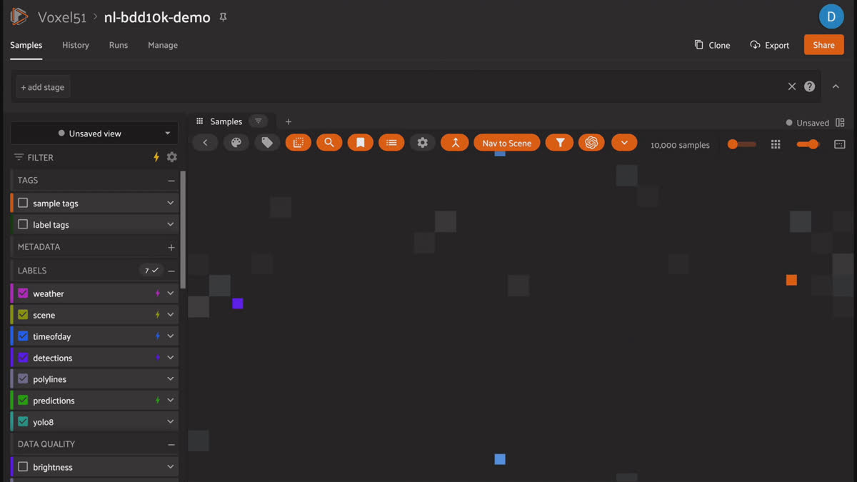 Embeddings workflow clusters visually similar scenes, helping surface outliers or underrepresented cases.