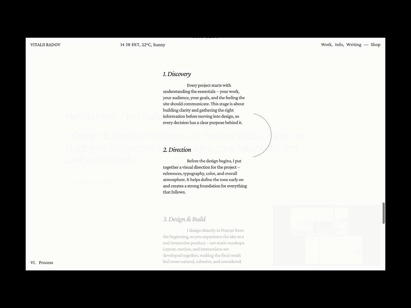 It seems logical to me that the “Process” section should look exactly like this—step-by-step and easy to understand. https://www.vitaliiradov.com/#process
