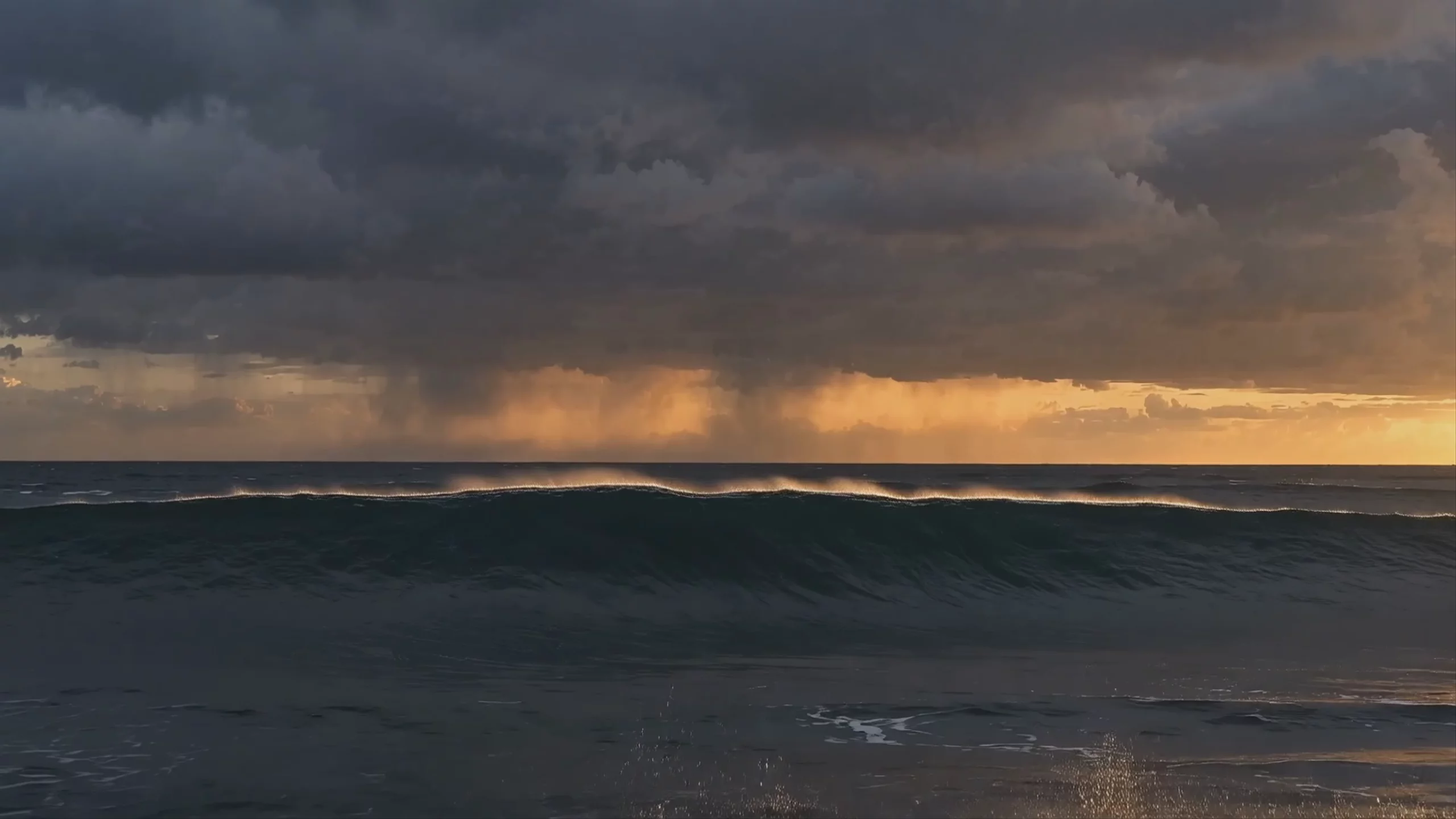 A wide-angle view of a large ocean wave cresting under a dark, stormy sky. In the background, a warm orange sunset glows along the horizon beneath low-hanging clouds. This text-to-video generation was created using the Happy Horse model at a 1920x1080 resolution.