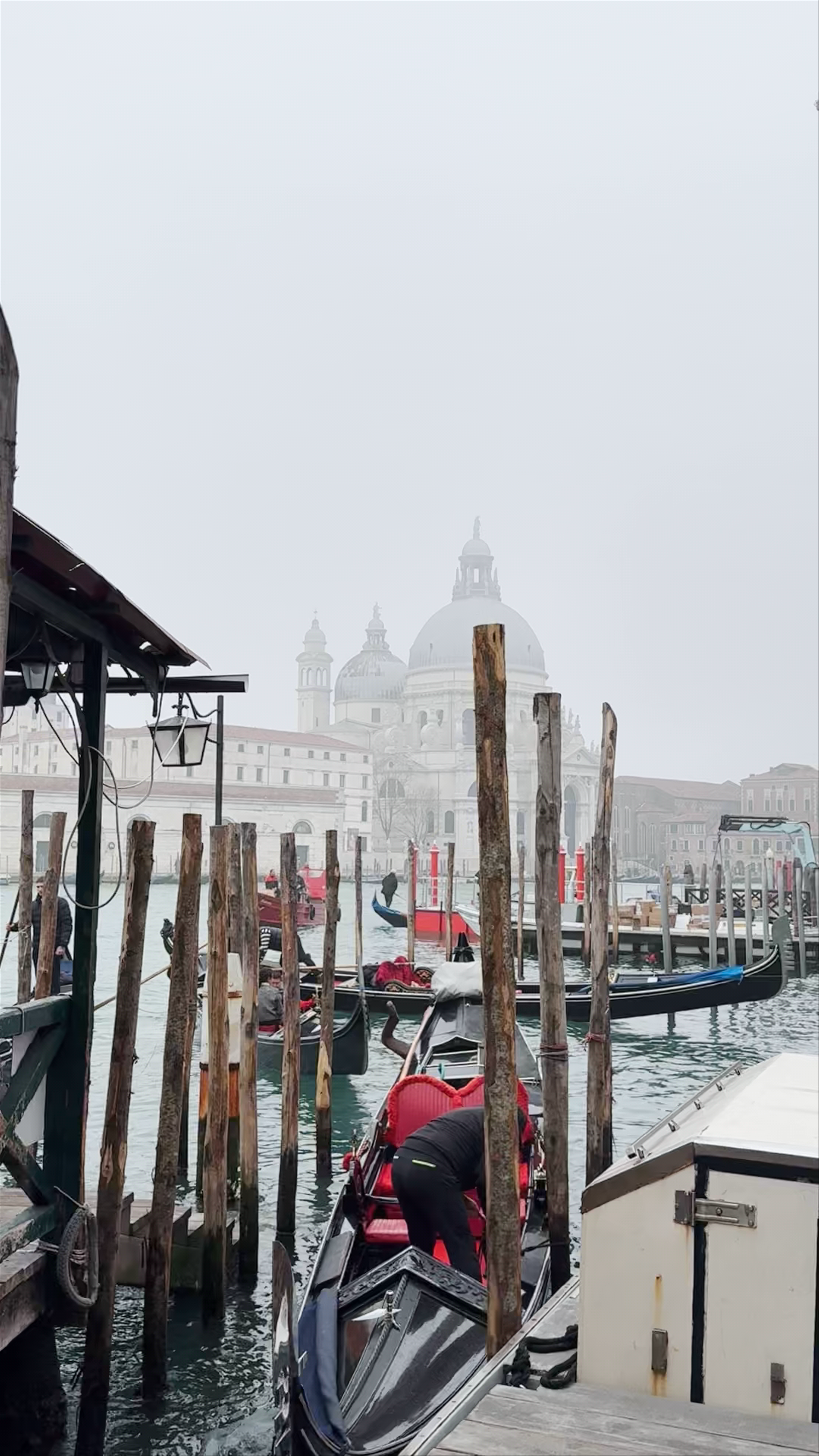 Venice Gondola Dock with Basilica Santa Maria della Salute in the Mist