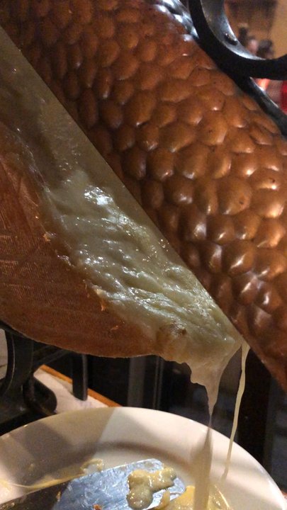 Le Chalet Savoyard - Mr deMille the raclette is ready for its closeup, and our plates - Fondue Near Me - Paris, 75