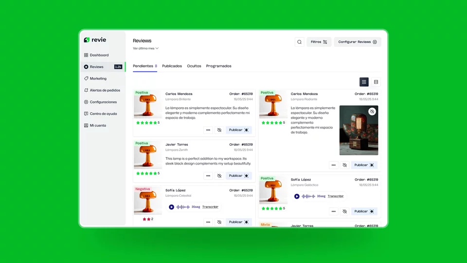 Interactive screen capture of the Reviews inbox displaying customer ratings, moderation controls, and automated audio review transcription.