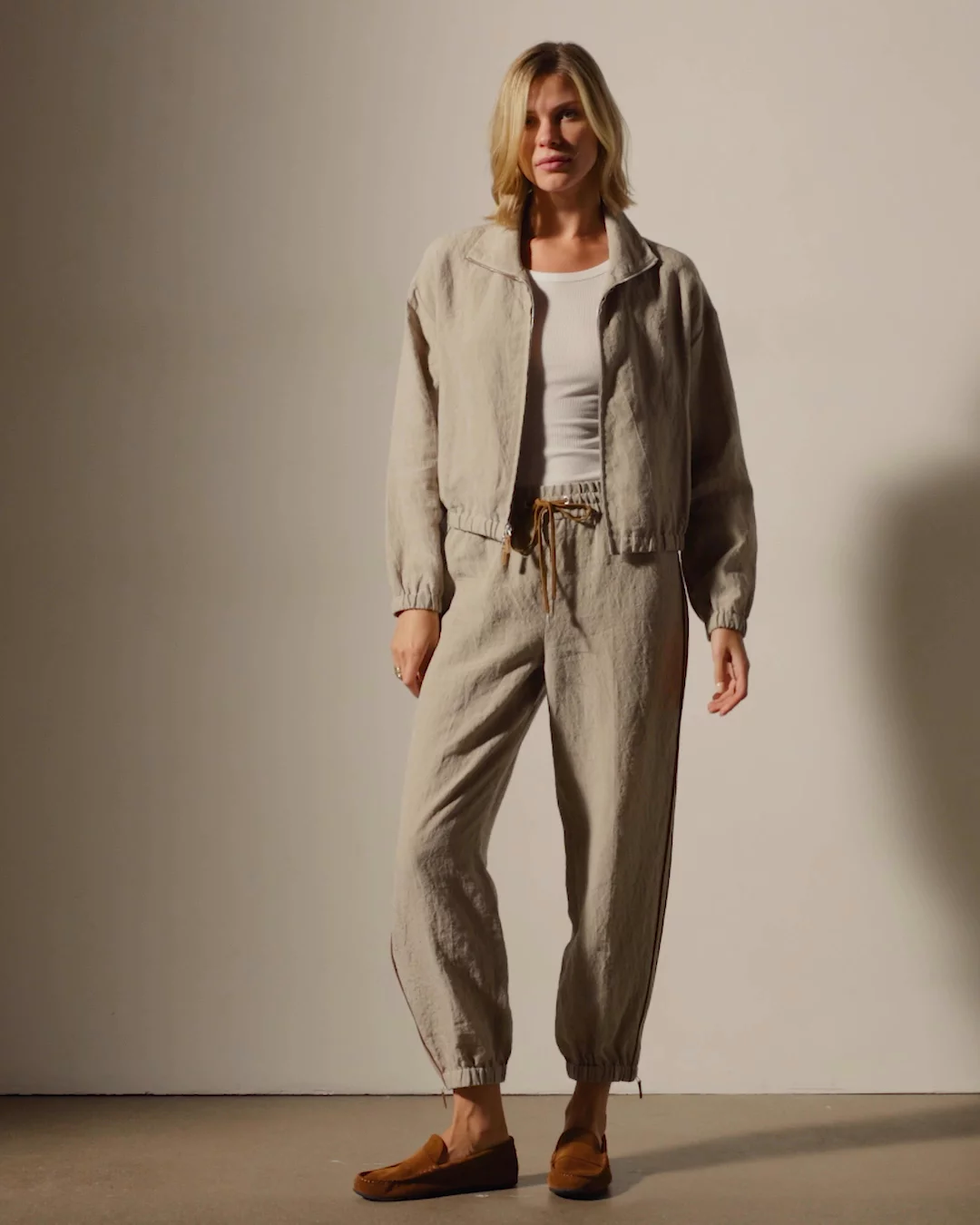 Linen Track Jacket With Suede - Natural/Tabacco | James Perse Los