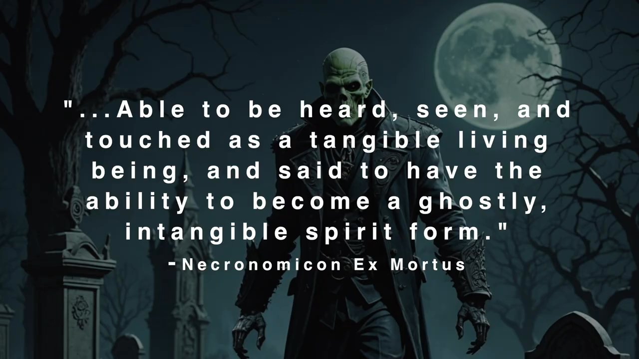 A man with macabre makeup recites text from the Necronomicon Ex Mortus as a spectral entity manifests in a graveyard. The scene transitions between the narrator and the undead figure framed against a full moon.
