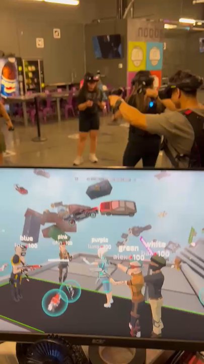 noobs VR - This was us in the loading zone trying out different guns and characters before the actual gameplay. - Virtual Reality Centers Near Me - Redlands, California