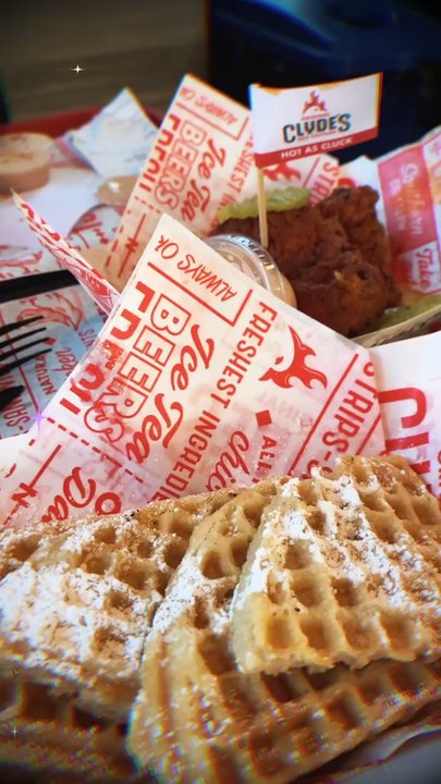 Clyde's Hot Chicken - 2 Strips -- Hot As Cluck with a side of Waffles! Y U M M Y ! - Chicken Shop Near Me - Fullerton, California