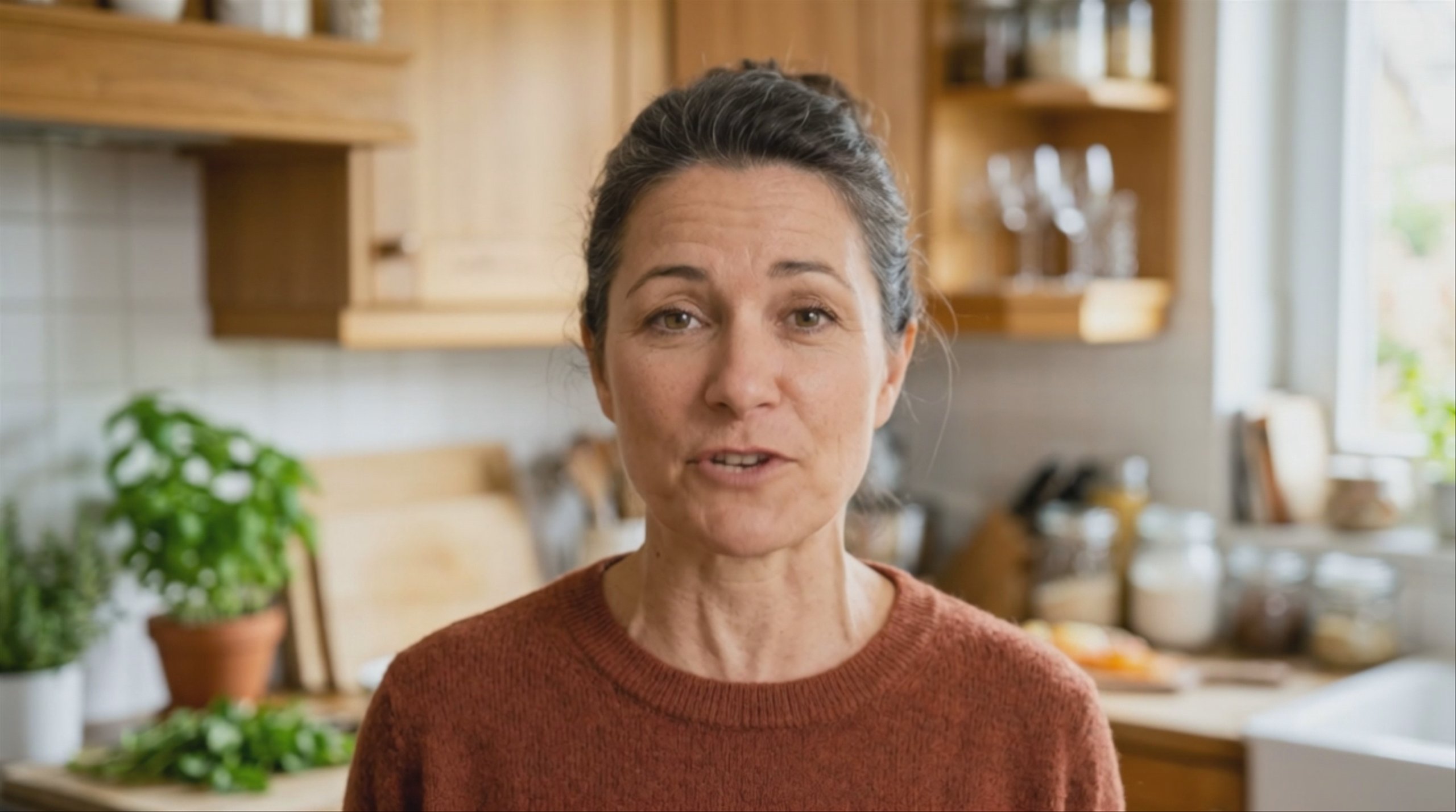 A medium close-up shot of a middle-aged woman in a rust-colored sweater speaking to the camera in a warm, rustic kitchen. This 1284x716 video was generated using the Kling V3 Standard model, starting from a reference image.