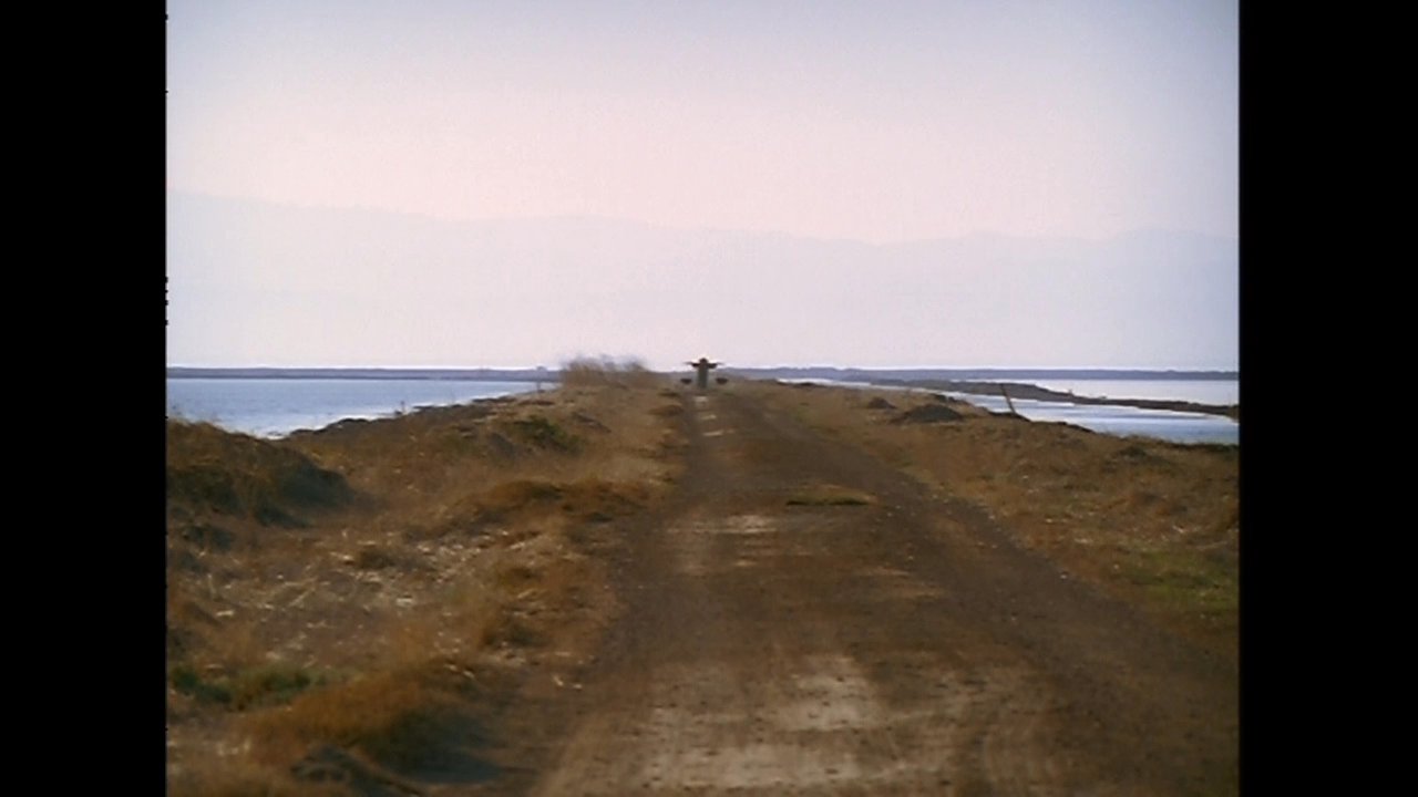 A man stands alone on a dirt path bordered by water as the light fades, while in a separate scene, a man and woman travel together inside a moving vehicle.