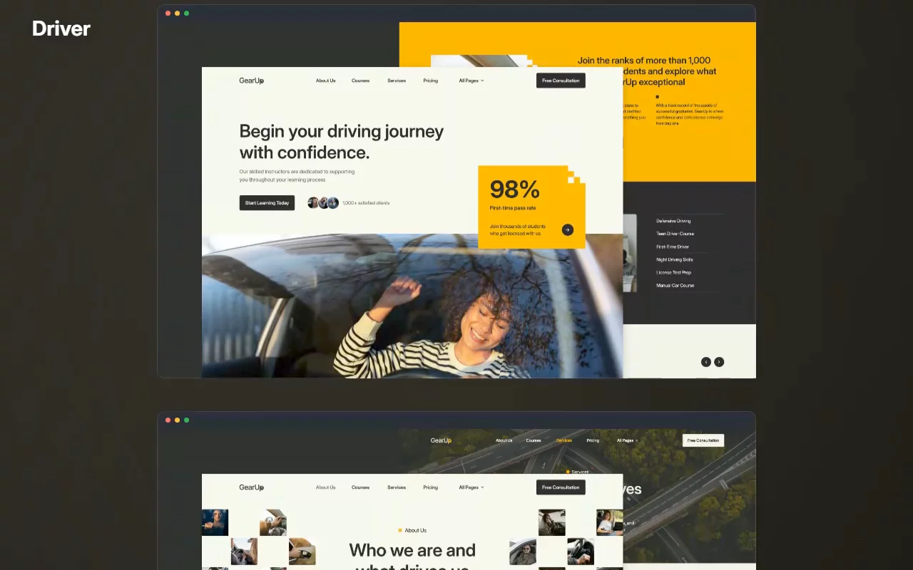 Driving schools lose bookings to the phone.A learner at 11pm wants to know what it costs and when they can start — not to leave a voicemail. Driver puts both on the page and takes the booking while they're still thinking about it.Live preview → https://gearup-template.framer.website/Fill the diary →#framer #framertemplate #framerexpert #webdesign #nocode #drivingschool #drivinginstructor #learntodrive #localbusiness #booking