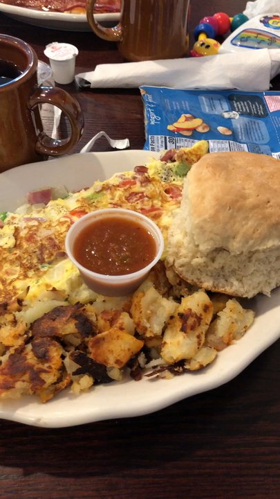 Skipper's - Western Omelette with ham. Pancakes, eggs bacon and house fries. - New American Near Me - Kemah, Texas