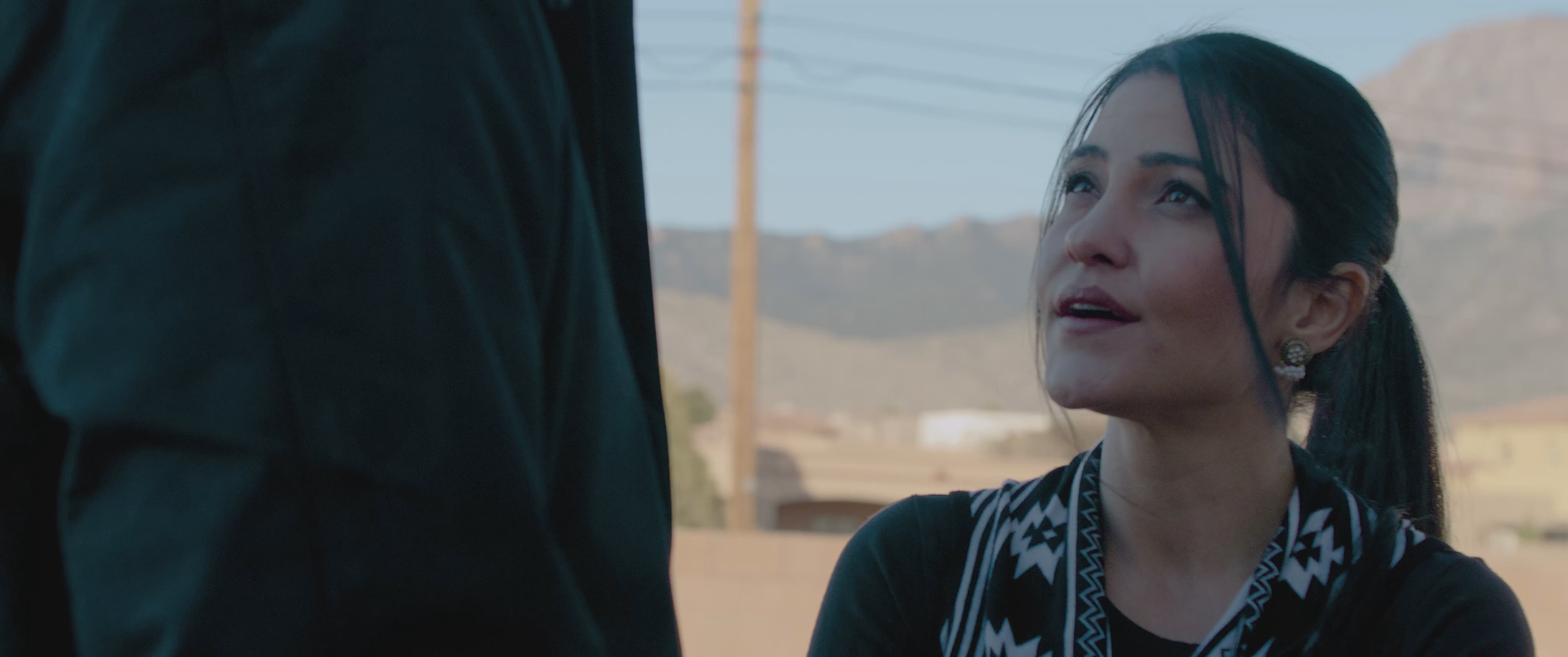 A man and woman engage in a serious conversation while standing in an arid, suburban setting during the late afternoon.