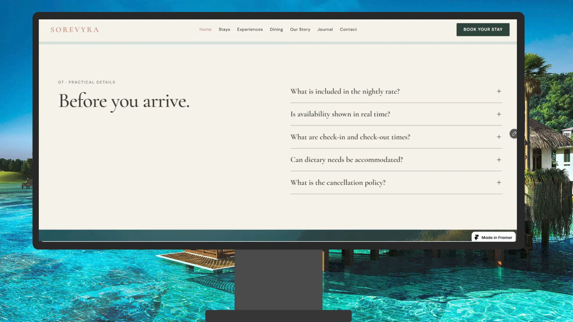 Introducing SOREVYRA a premium free Framer website template designed for luxury hotels, boutique resorts, private villas, and exclusive hospitality experiences.  SOREVYRA combines elegant editorial design, immersive photography, refined typography, and smooth animations to deliver a sophisticated digital experience.  Whether you're building a website for a luxury resort, boutique hotel, private villa, or wellness retreat, SOREVYRA gives you everything you need to create a memorable online presence.  ✨ Key Features: Premium luxury resort and hotel design Fully responsive across all devices Powerful Framer CMS collections Beautiful rooms and villas showcase Accommodation and experience detail pages Dining, wellness, and seasonal offers Elegant galleries and journal pages Reservation and contact forms Smooth animations and interactive elements SEO-ready structure Easy customization — no coding required  🏝️ Perfect For: Luxury Hotels • Boutique Resorts • Private Villas • Wellness Retreats • Hospitality Brands • Creative Agencies  Designed to feel calm, exclusive, and timeless, SOREVYRA transforms your hospitality website into a premium digital destination.
