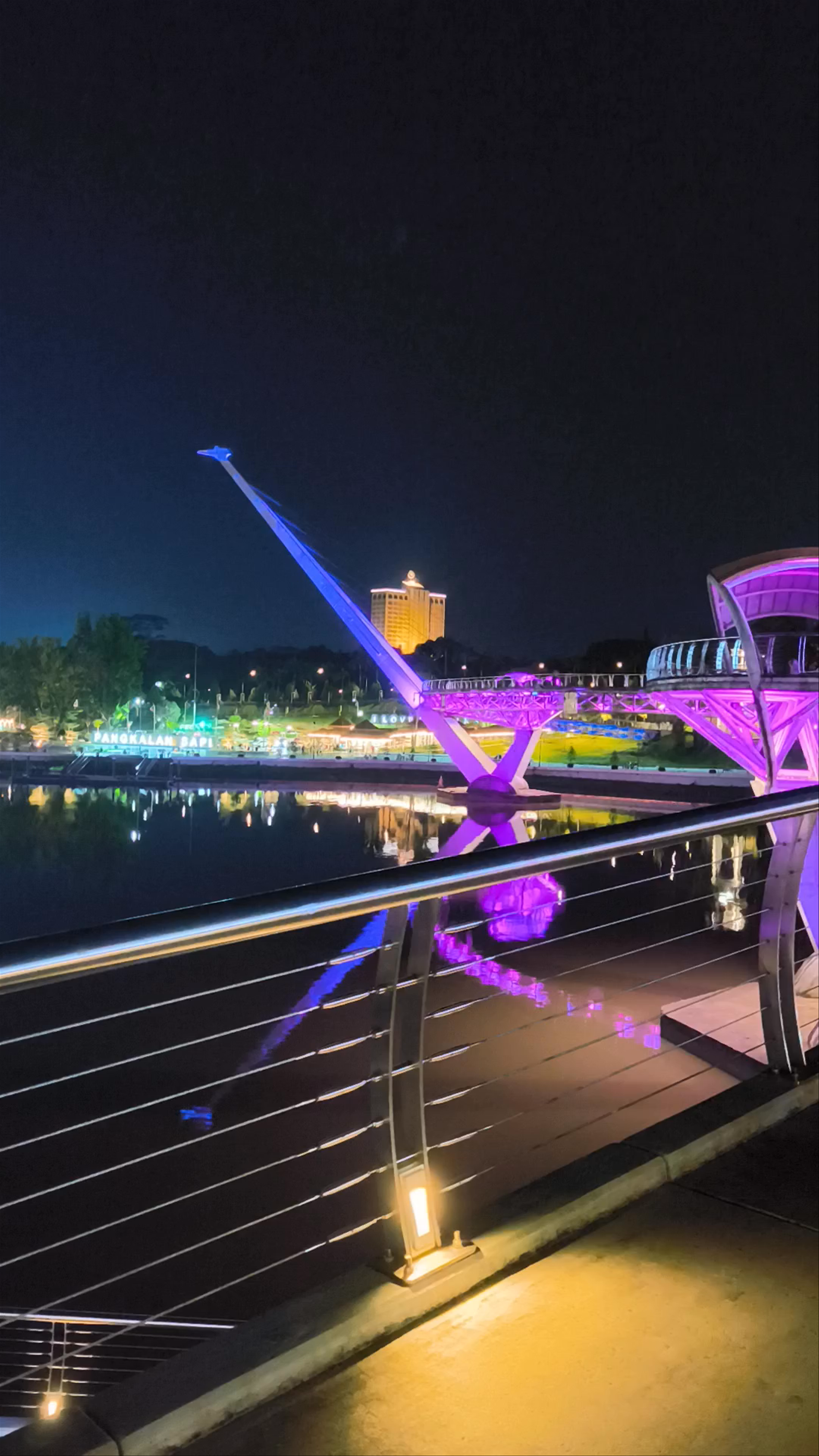 Darul Hana Bridge Illuminated at Night in Kuching, Sarawak
